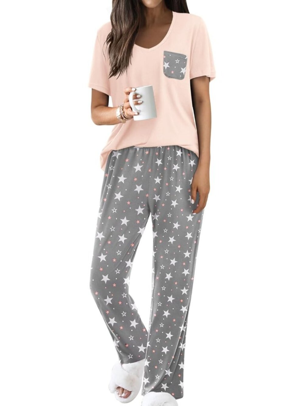Women Pink-Grey Star V Neck Short Sleeve Shirt Sleepwear 2 Piece Pajama Sets